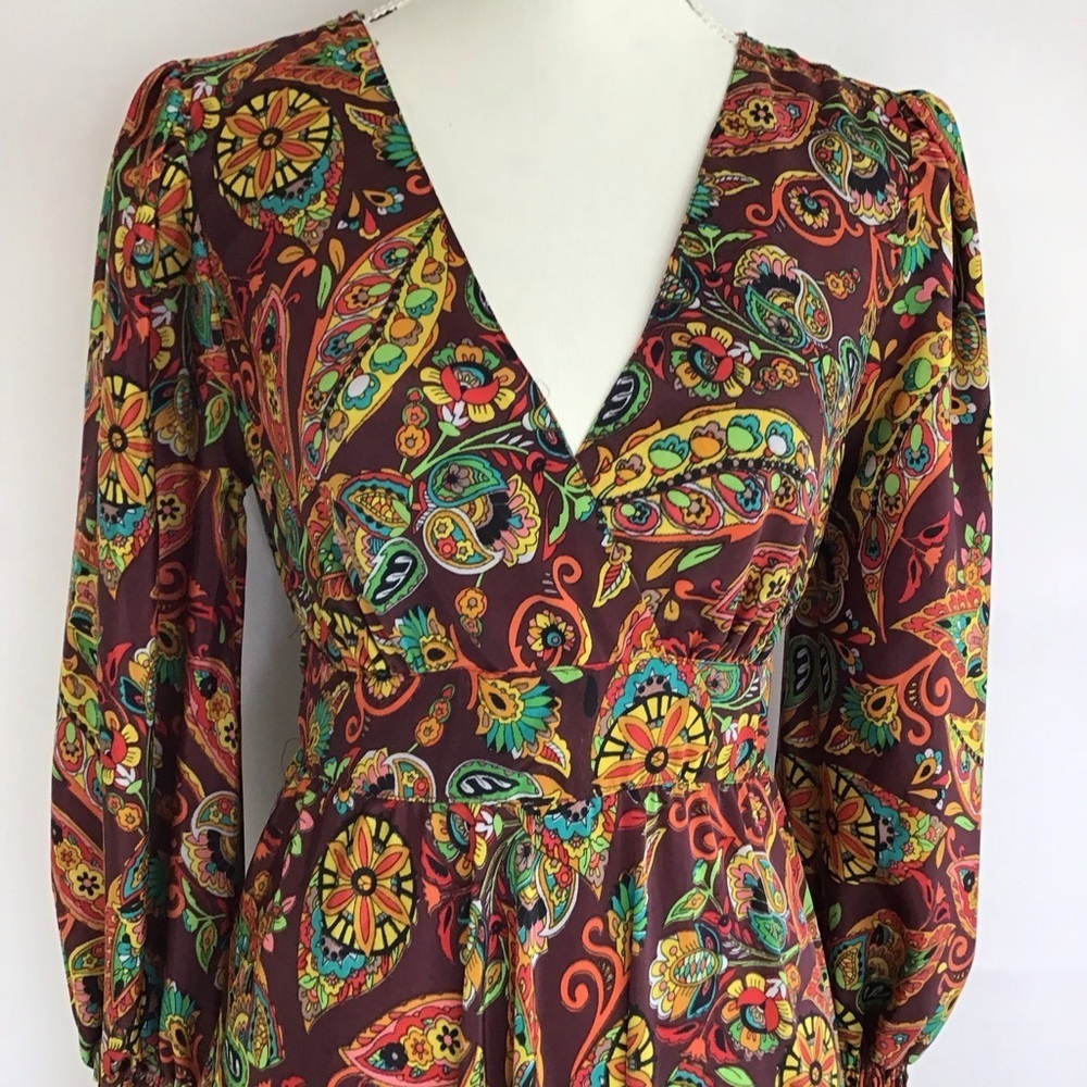 ME 2 MAGIC WOMEN FALL COLORFUL PAISLEY RUFFLE V-NECK LONG SLEEVE MAXI DRESS SZ S - Picture 4 of 10